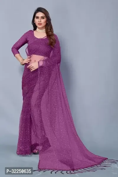 Stylish Wine Net Solid Saree with Blouse piece For Women-thumb0