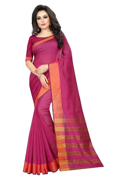 SAADHVI Women's Cotton Silk Striped Print Saree With Blouse