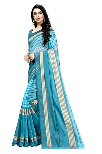 Stylish Blue Cotton Silk Striped Saree with Blouse piece For Women-thumb1