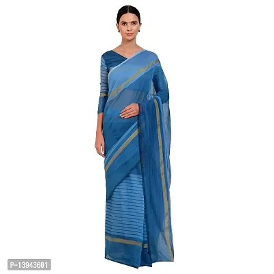 SAADHVI Women's Light Blue Cotton Silk Striped Work Saree(FL-IF-RustomFirozi-GO, Free Size) | Free Size-thumb0