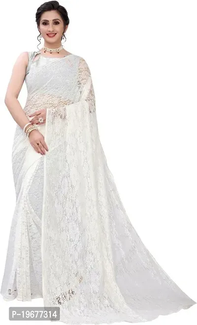 Stylish White Cotton Blend Saree with Blouse piece For Women-thumb0