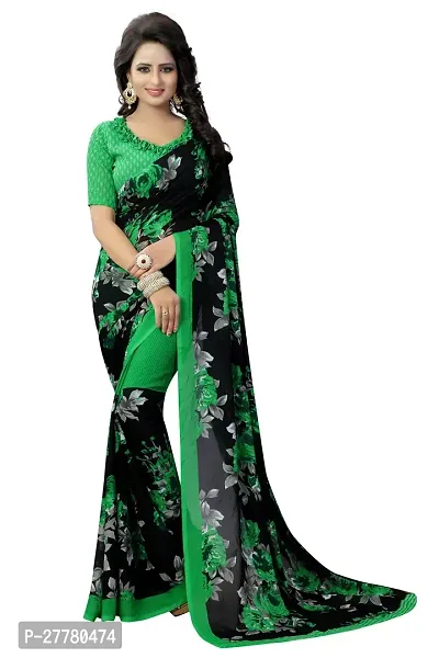 Stylish Georgette Green Printed Saree With Blouse Piece For Women