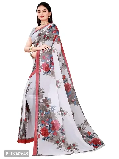 SAADHVI Women's White and Pink Georgette Floral Printed Saree With Unstitched Blouse(FL-Georgette83) | Free Size-thumb2