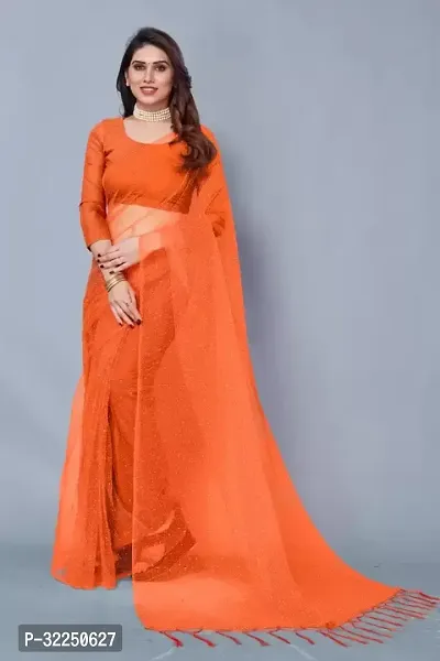 Stylish Orange Net Solid Saree with Blouse piece For Women