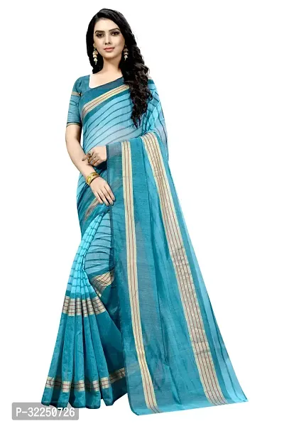 Stylish Blue Cotton Silk Striped Saree with Blouse piece For Women-thumb0