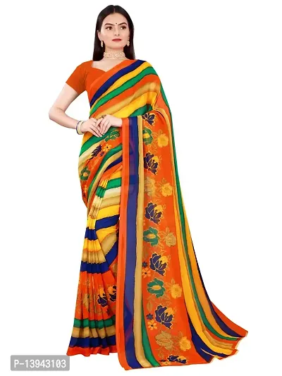 SAADHVI Women's Multi and Orange Georgette Striped Printed Saree With Unstitched Blouse(FL-Georgette78) | Free Size