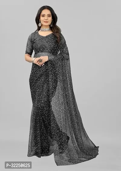 Stylish Black Net Solid Saree with Blouse piece For Women