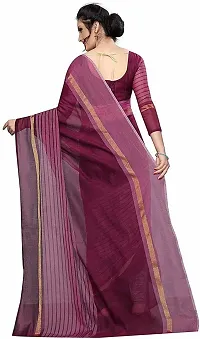 Stylish Wine Cotton Silk Striped Saree with Blouse piece For Women-thumb1