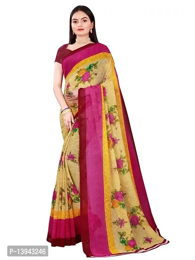 SAADHVI Women's Beige and Pink Georgette Floral Printed Saree With Unstitched Blouse(FL-Georgette89) | Free Size-thumb0