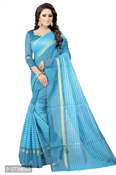 Stylish Cotton Silk Blue Printed Saree With Blouse Piece For Women