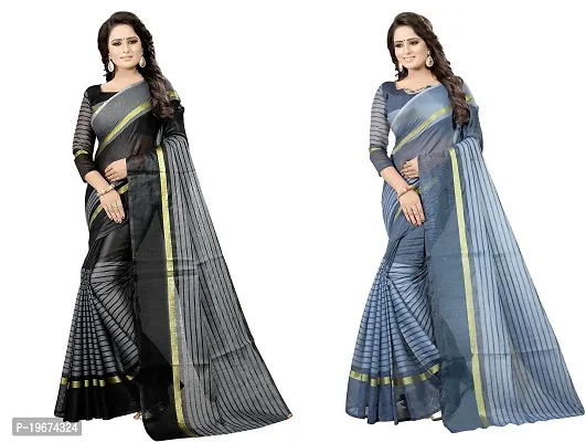 Women Stylish Cotton Silk Striped Saree with Blouse piece