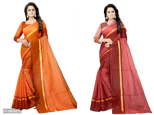 Women Stylish Cotton Silk Striped Saree with Blouse piece-thumb0