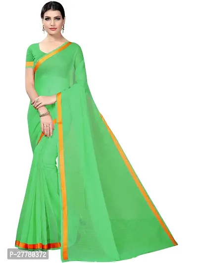 Stylish Cotton Silk Green Saree With Blouse Piece For Women-thumb0