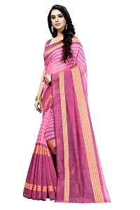 Stylish Pink Cotton Silk Striped Saree with Blouse piece For Women-thumb1