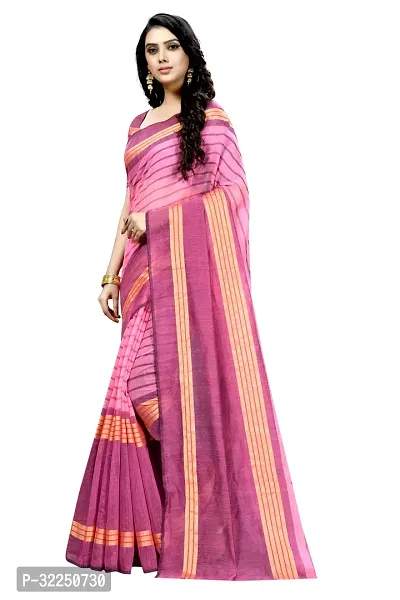 Stylish Pink Cotton Silk Striped Saree with Blouse piece For Women-thumb2