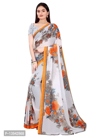 SAADHVI Women's White and Orange Georgette Floral Printed Saree With Unstitched Blouse(FL-Georgette85) | Free Size