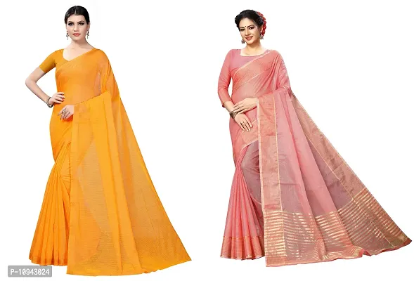 Stylish Cotton Blend Saree With Blouse Piece For Women Pack Of 2