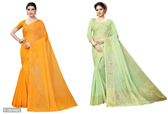 Stylish Cotton Blend Saree With Blouse Piece For Women Pack Of 2-thumb0