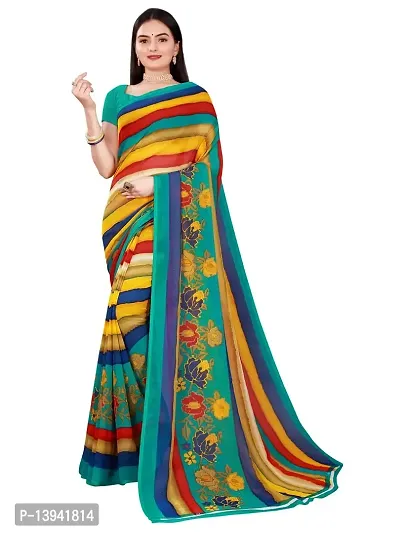 SAADHVI Women's Multi and Rama Georgette Striped Printed Saree With Unstitched Blouse(FL-Georgette79) | Free Size