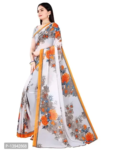 SAADHVI Women's White and Orange Georgette Floral Printed Saree With Unstitched Blouse(FL-Georgette85) | Free Size-thumb2