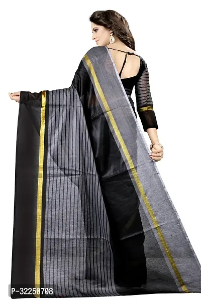 Stylish Black Cotton Silk Striped Saree with Blouse piece For Women-thumb3