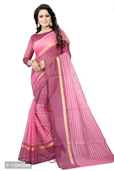 SAADHVI Women's Pink Cotton Silk Striped Saree With Blouse(FL-IF-Rustom Rani) | Free Size-thumb0