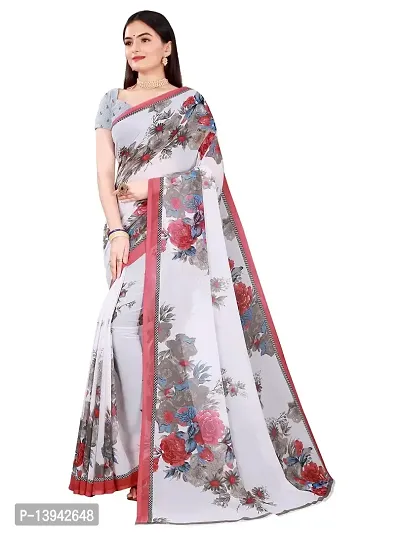 SAADHVI Women's White and Pink Georgette Floral Printed Saree With Unstitched Blouse(FL-Georgette83) | Free Size-thumb0