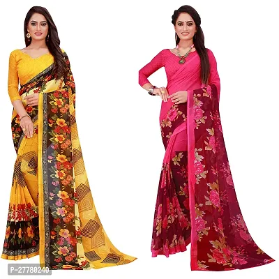 Stylish Georgette Multicoloured Printed Saree With Blouse Piece For Women Pack Of 2-thumb0