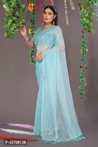 Stylish Blue Net Saree with Blouse piece For Women-thumb3