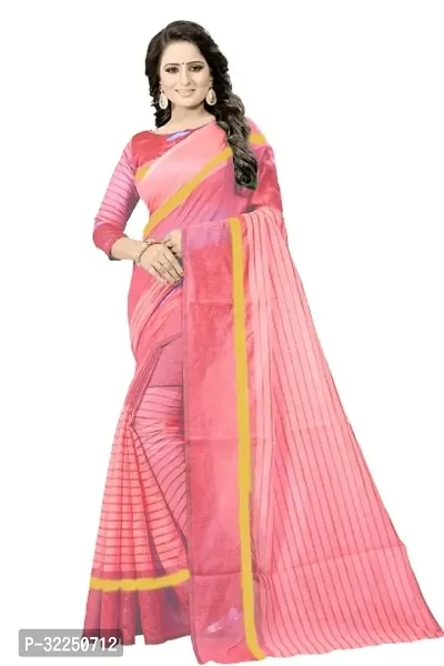 Stylish Pink Cotton Silk Striped Saree with Blouse piece For Women-thumb0