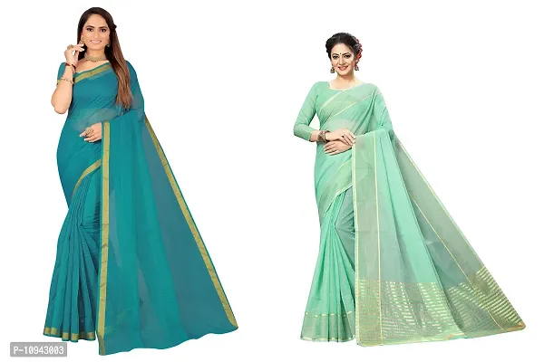 Stylish Cotton Blend Saree With Blouse Piece For Women Pack Of 2-thumb0