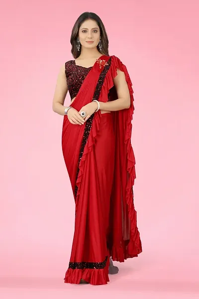 Beautiful Lycra Embellished Women Saree with Blouse piece