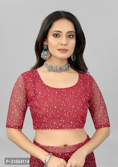 Elegant Red Net Saree with Blouse piece For Women-thumb4