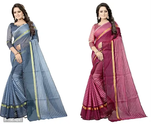 Women Stylish Cotton Silk Striped Saree with Blouse piece