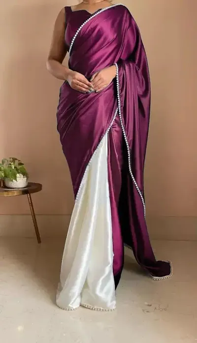 Stylish Satin Embellished Saree with Blouse piece For Women