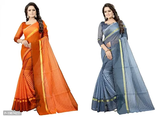 Women Stylish Cotton Silk Striped Saree with Blouse piece-thumb0