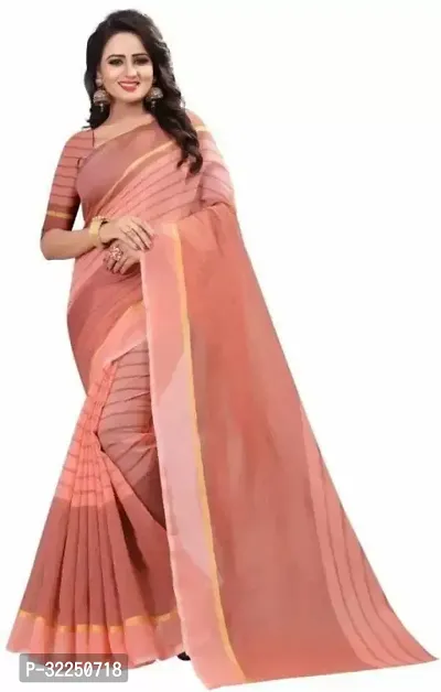 Stylish Peach Cotton Silk Striped Saree with Blouse piece For Women-thumb0