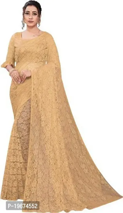 Stylish Beige Net Saree with Blouse piece For Women-thumb0