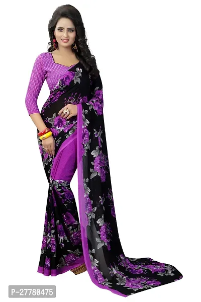 Stylish Georgette Violet Printed Saree With Blouse Piece For Women-thumb0