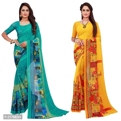 Stylish Georgette Multicoloured Printed Saree With Blouse Piece For Women Pack Of 2-thumb0