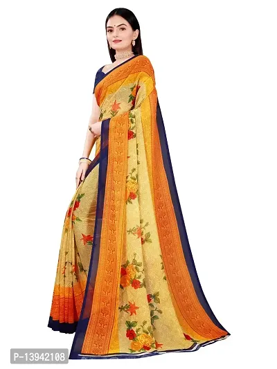 SAADHVI Women's Beige and Navy Blue Georgette Floral Printed Saree With Unstitched Blouse(FL-Georgette87) | Free Size-thumb2