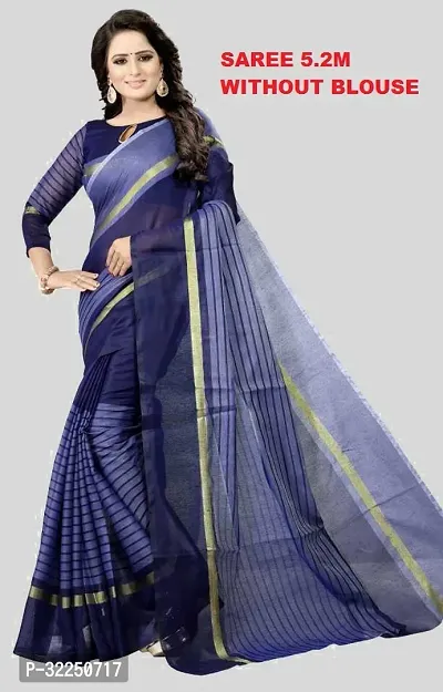 Stylish Navy Blue Cotton Silk Striped Saree with Blouse piece For Women-thumb0