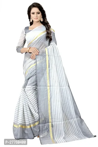 Stylish Cotton Silk White Printed Saree With Blouse Piece For Women-thumb0