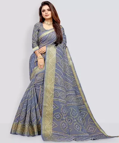 Cotton Silk Bandhani Printed Zari Border Sarees With Blouse Piece