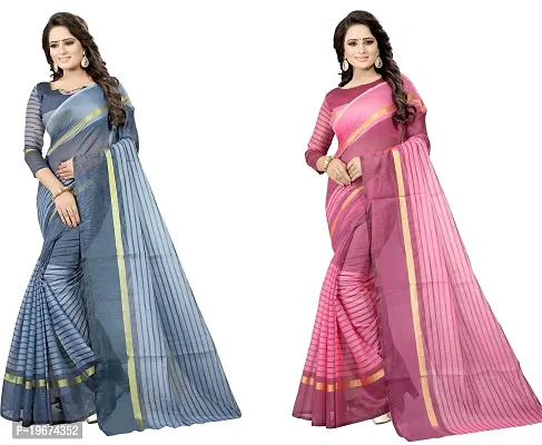 Women Stylish Cotton Silk Striped Saree with Blouse piece