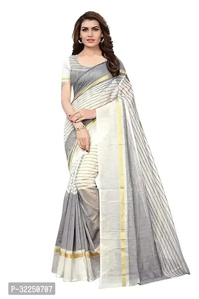 Stylish Grey Cotton Silk Striped Saree with Blouse piece For Women-thumb0