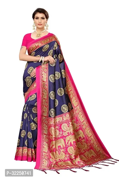 Stylish Navy Blue Cotton Silk Printed Saree with Blouse piece For Women