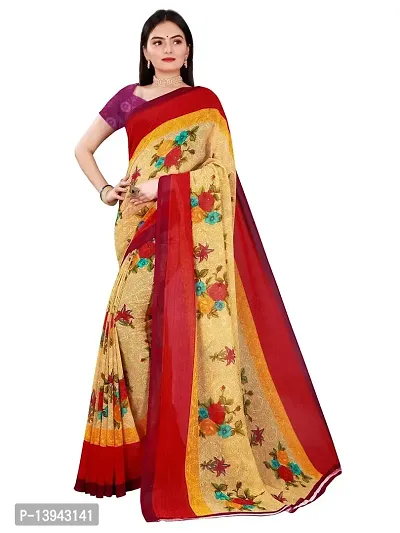 SAADHVI Women's Beige and Red Georgette Floral Printed Saree With Unstitched Blouse(FL-Georgette88) | Free Size