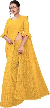 Stylish Yellow Net Saree with Blouse piece For Women-thumb3