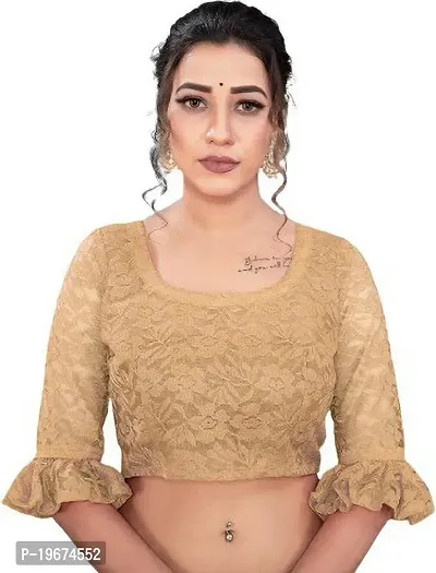 Stylish Beige Net Saree with Blouse piece For Women-thumb3